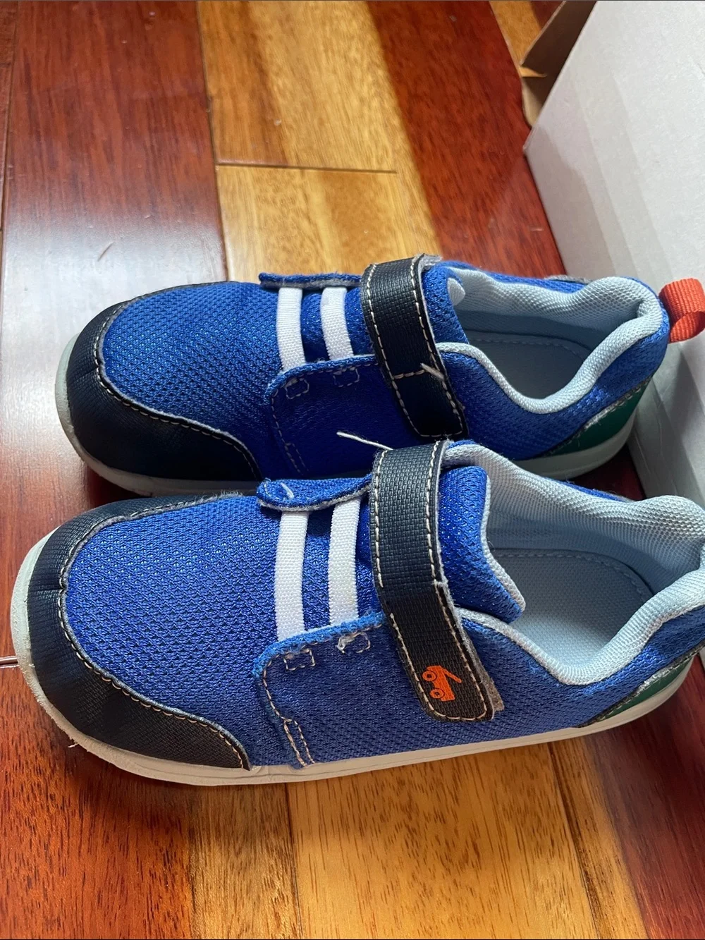 See Kai Run Boys Blue and Black Mesh Sneaker with Orange Pull Tab